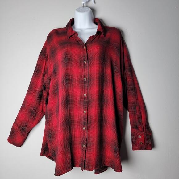 J Jill Flannel Tunic Shirt XL Petite Red Black Check Rayon Longline Soft Pockets - Picture 1 of 11